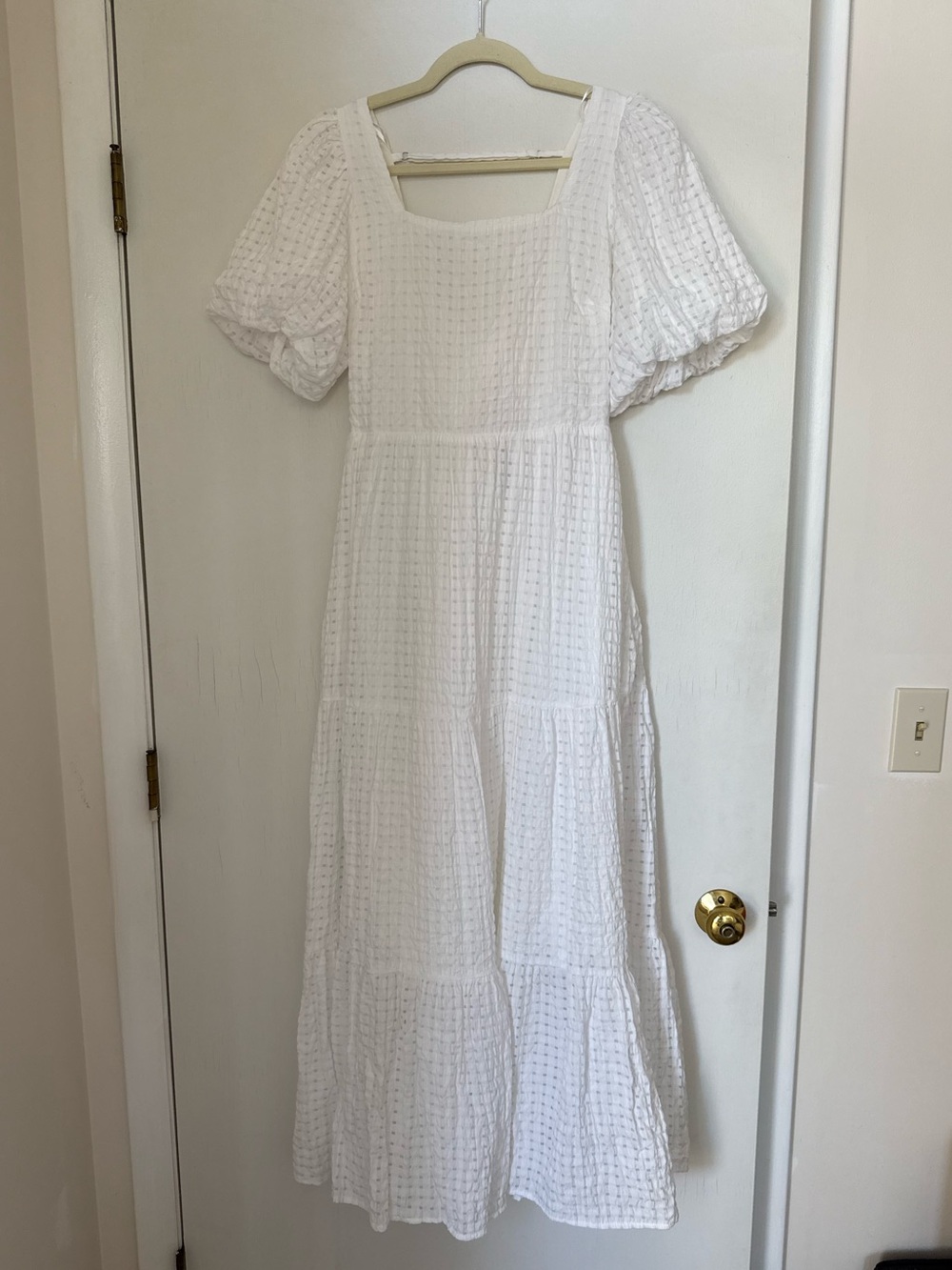 White Puff-Sleeve Tie-Back Midi Dress with Square Neck